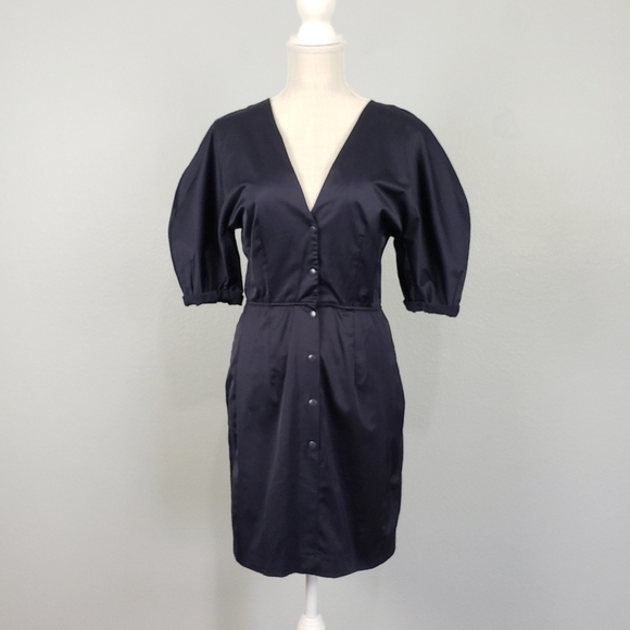 H&M Puff Sleeve Button Front Satin Mini Dress Twee Preppy Navy Blue Sz 4 - Picture 1 of 8